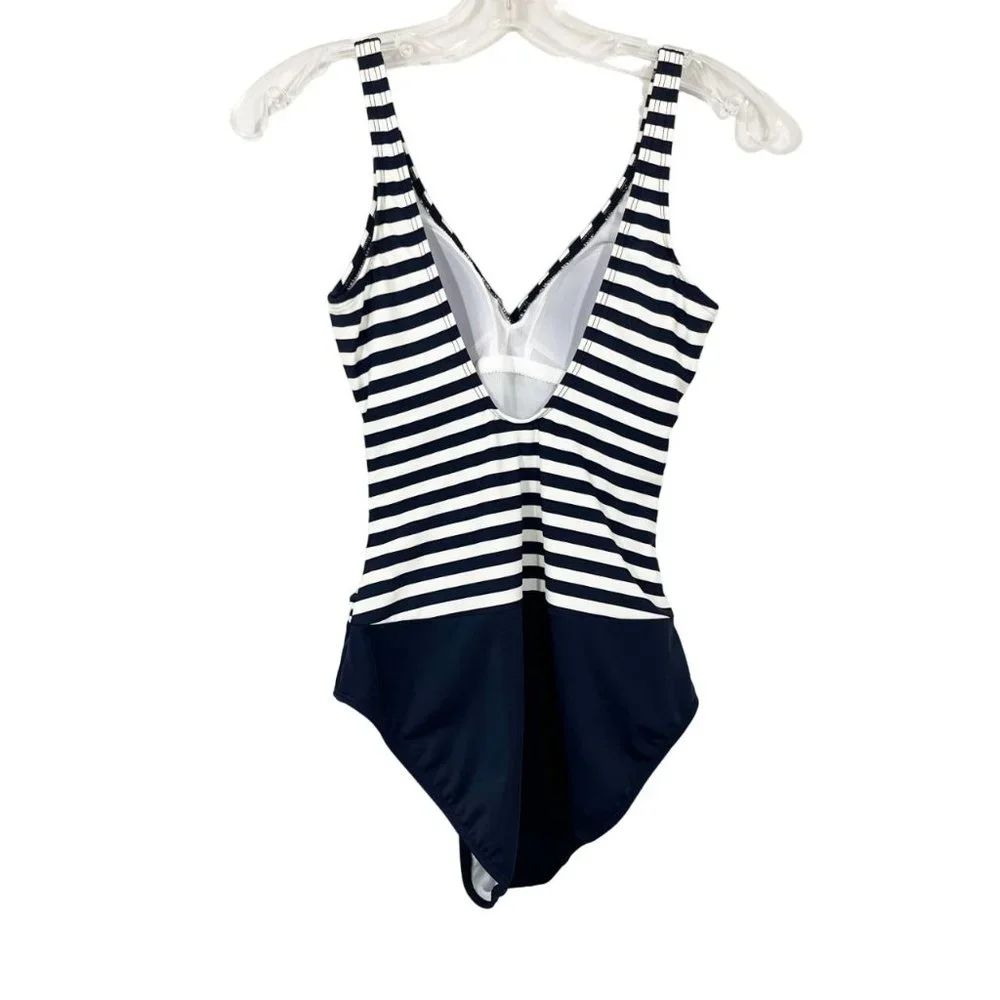 Boden‎ Navy Blue & White Striped Wrap Front One Piece Swimsuit Nautical - Size 4